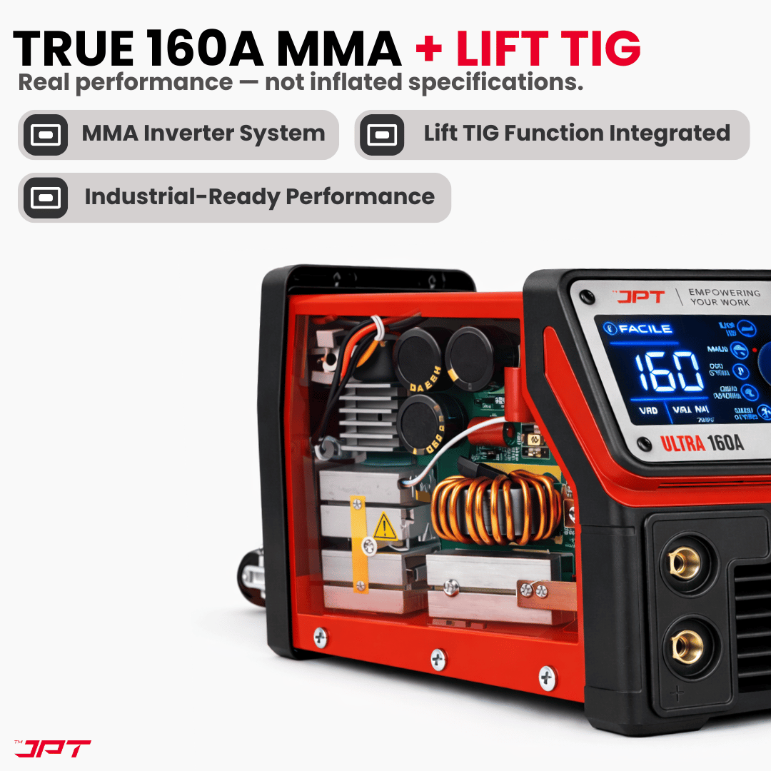 Buy JPT Ultra Heavy-Duty 160A MMA inverter welding machine with Lift TIG, digital control, and VRD safety. Smooth arc, reliable performance for workshops.