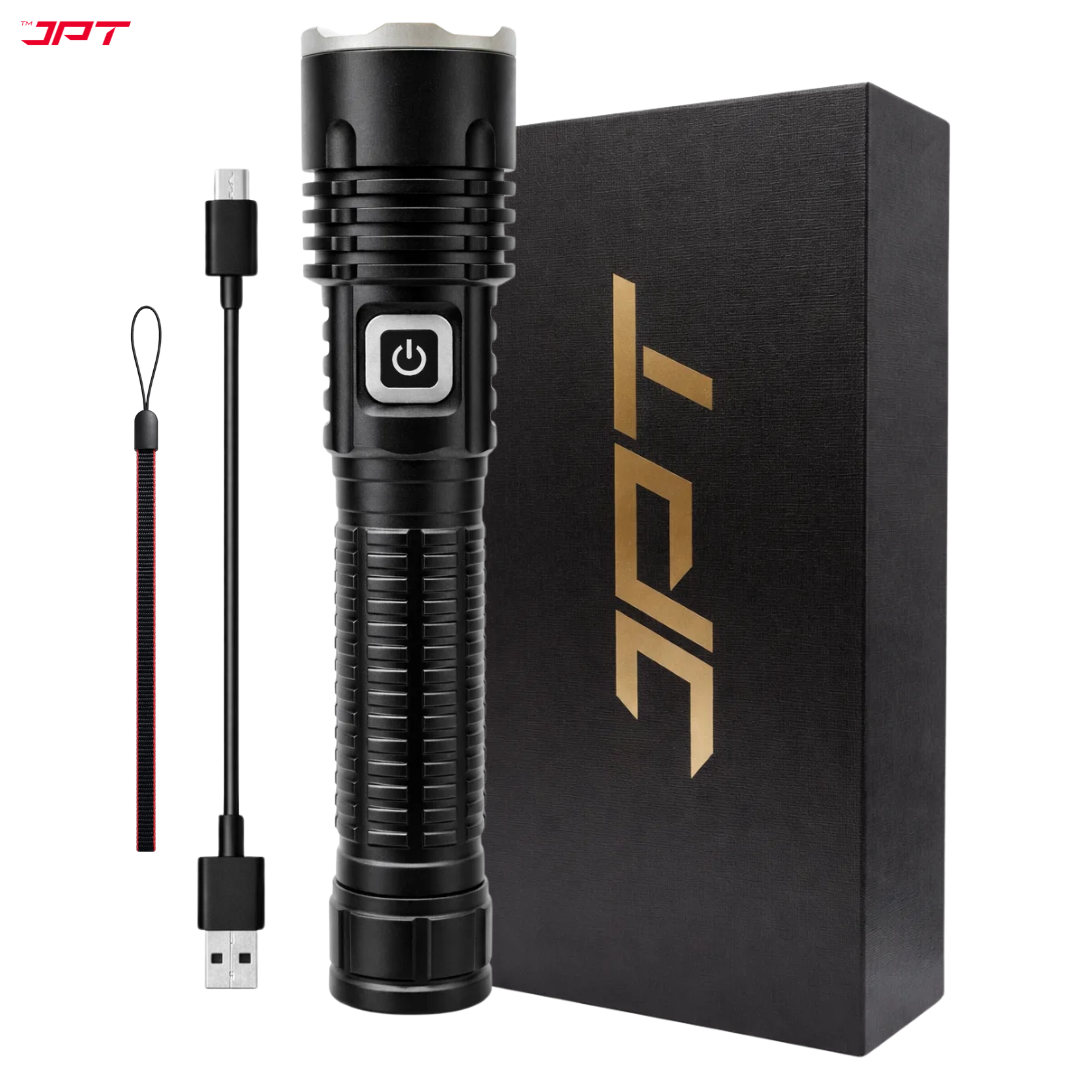 Buy JPT K16 super bright LED flashlight featuring rechargeable LED torch with 4800mAh battery, USB-C charging, zoom focus & 3 modes. Buy at best price today.