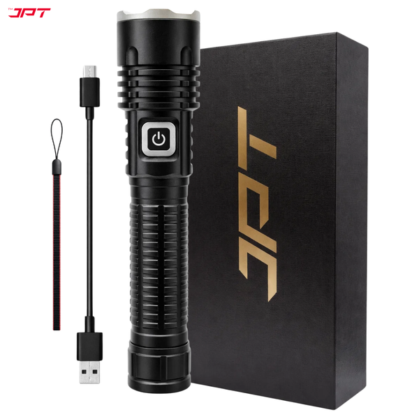 JPT Heavy-Duty K16 Rechargable Portable Super LED Flashlight/Search Light | Full Aluminium Body | 3 Lightning Modes | Telescopic Zoom | 4800mAh Li-ion 4Hrs Backup | for Trekking, Camping, Emergency