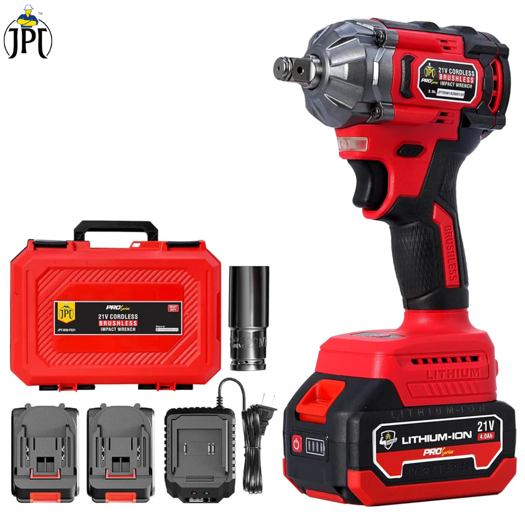 JPT Pro Series Brushless Heavy Duty 21-volt Cordless Impact Wrench | 350N.M Torque | 0-3450RPM Speed | 1/2-Inch Shank | 4000mAh Battery | All Accessories Included | 12-Months Warranty