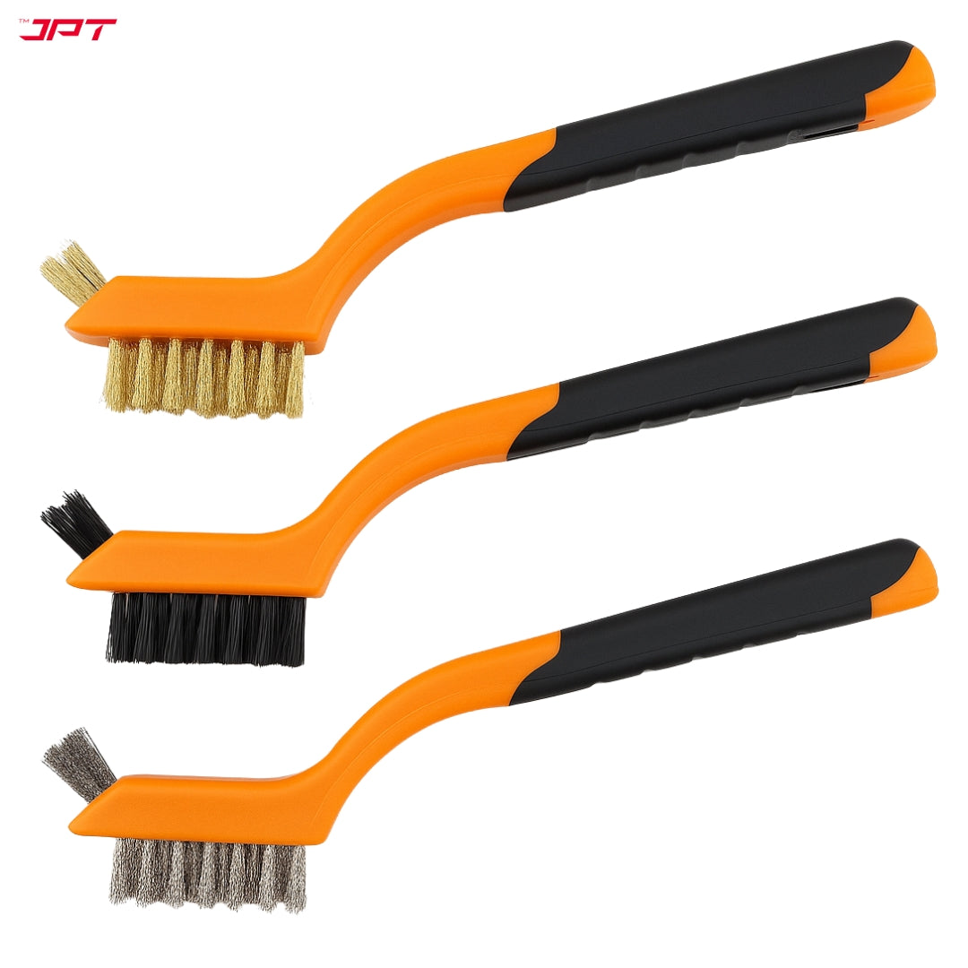 JPT 3-Piece Dual-Sided Heads Wire Brush Set | Stainless Steel, Brass & Nylon Bristles with Soft Grip Handle | Best For Rust Removal, Paint Cleaning & Detail Work