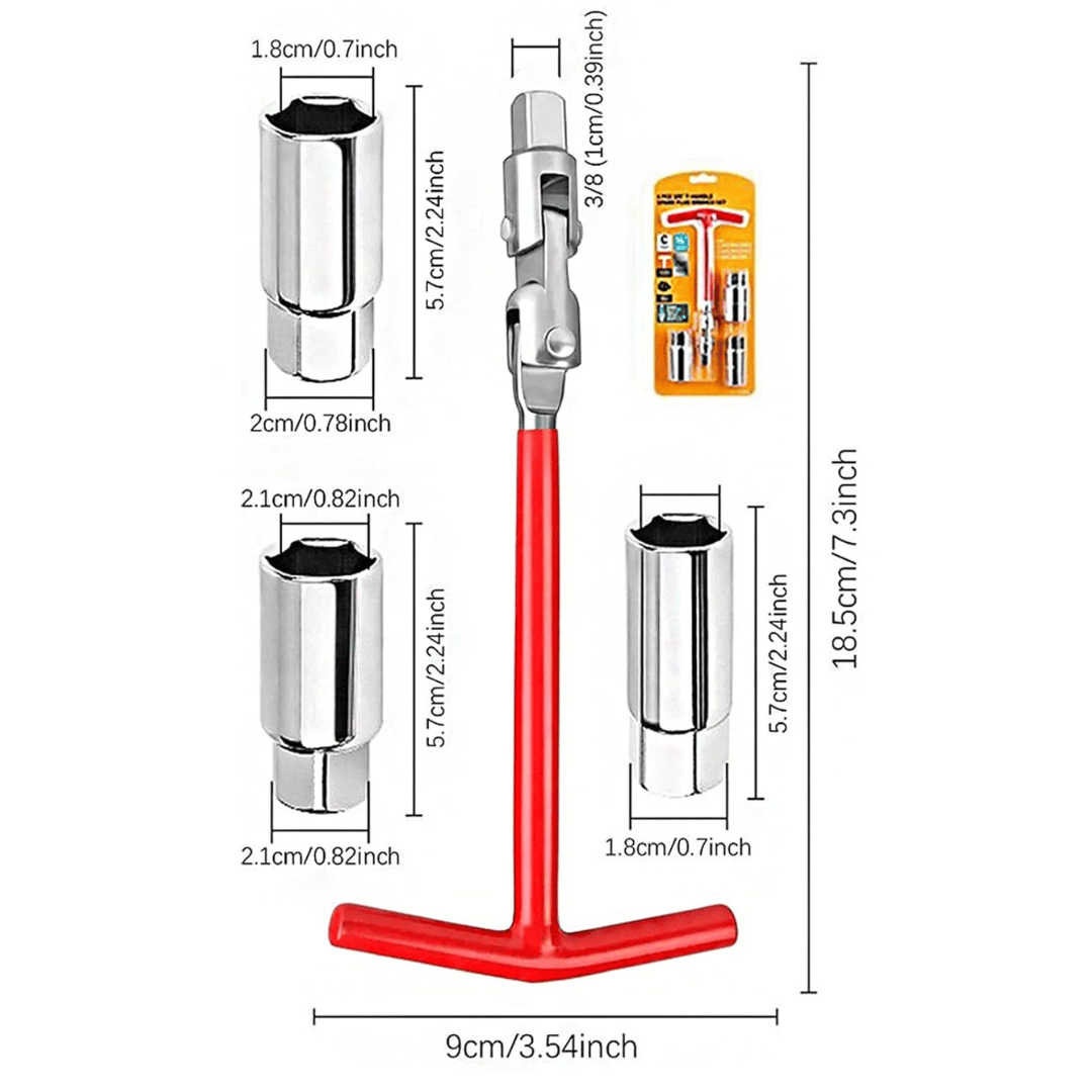 JPT 16/18/21mm Universal Spark Plug Socket Wrench Set, 4-Piece with T-Handle, 360-Degree Rotation for Easy Spark Plug Removal
