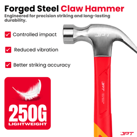 JPT 250G Forged Steel Claw Hammer with Anti-Slip Rubber Grip – Heavy Duty Carpenter Hammer for Carpentry, Woodworking & Construction Work, Professional Steel Hammer for Nail Driving & Extraction