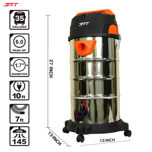 JPT Pro Series 35L Wet and Dry Vacuum Cleaner with Blower | 3200W Motor | 26kPa Suction | 35L Tank | Stainless Steel Body | 10-Ft Cord & 7-Ft Hose | For Cleaning Home, Car, Furniture Alternative View