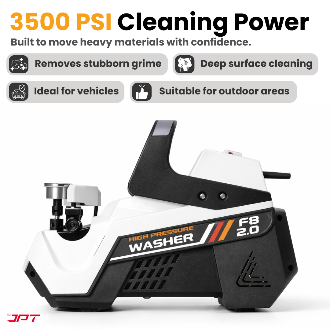 JPT F8 2.0 3500 PSI (250 Bar) electric pressure washer with 2500W copper motor, 10 L/min flow and TSS. Portable heavy-duty cleaner for car, bike and home use.