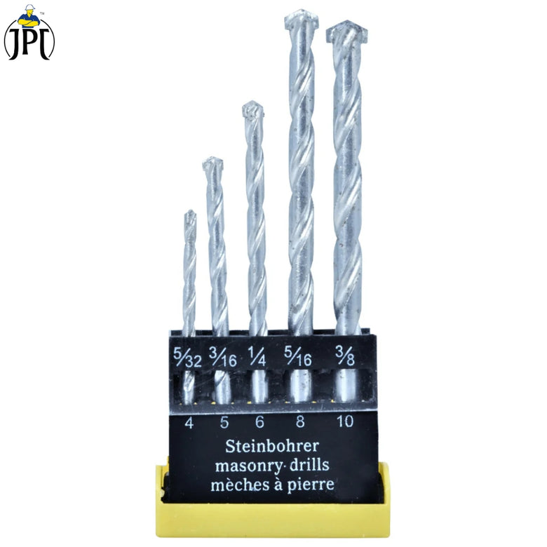 JPT Heavy Duty 5-Piece Steel Masonry Drill Bit Set | Construction Drill Bits in 4MM, 5MM, 6MM, 8MM & 10MM Sizes | Ideal for Drilling In Brick, Concrete, Stone, and Tile