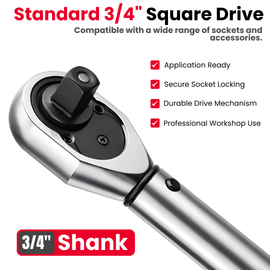 Buy JPT 3/4 inch torque wrench 100–500 Nm with ball lock and reversible ratchet. Ideal for car wheel nuts, bike repair and automotive workshop use. Buy Now