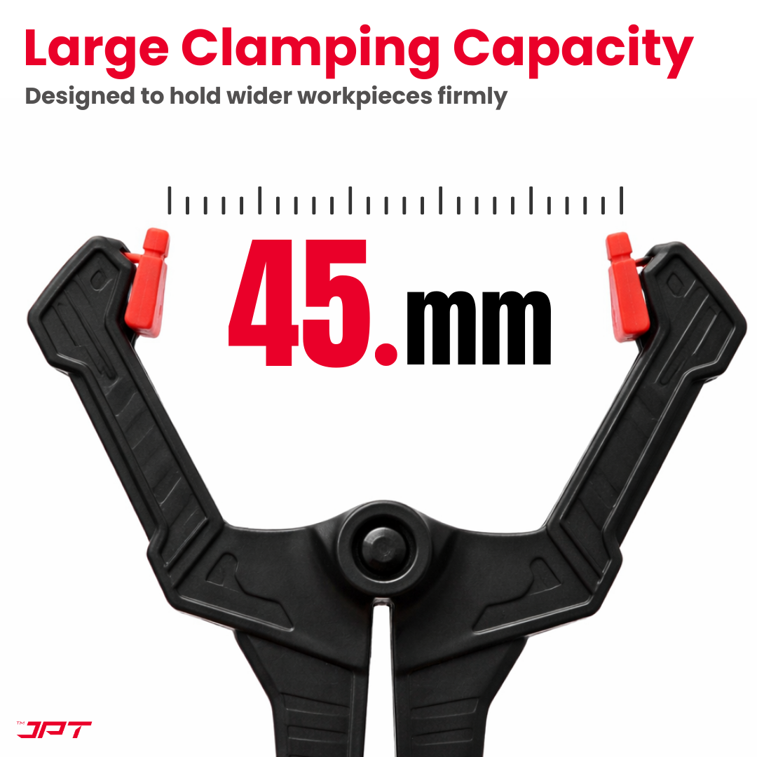 JPT 3.5" heavy duty spring clamp with 45mm wide jaw, high-tension steel spring and one-hand quick grip—ideal for woodworking, carpentry and DIY use. Buy Now