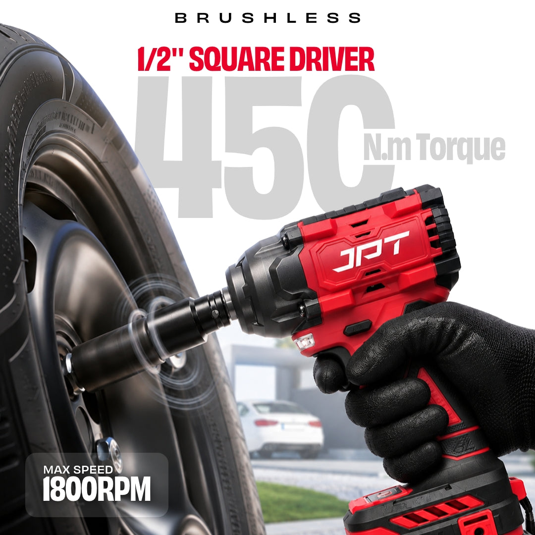 JPT 21V Brushless Impact Wrench, 450Nm, 1/2" Drive, 2 Batteries 2×2.0Ah Li-ion Batteries • 10 CR-V Sockets • LED Work Light • Fast Charger • Socket Case • Smart Control Panel