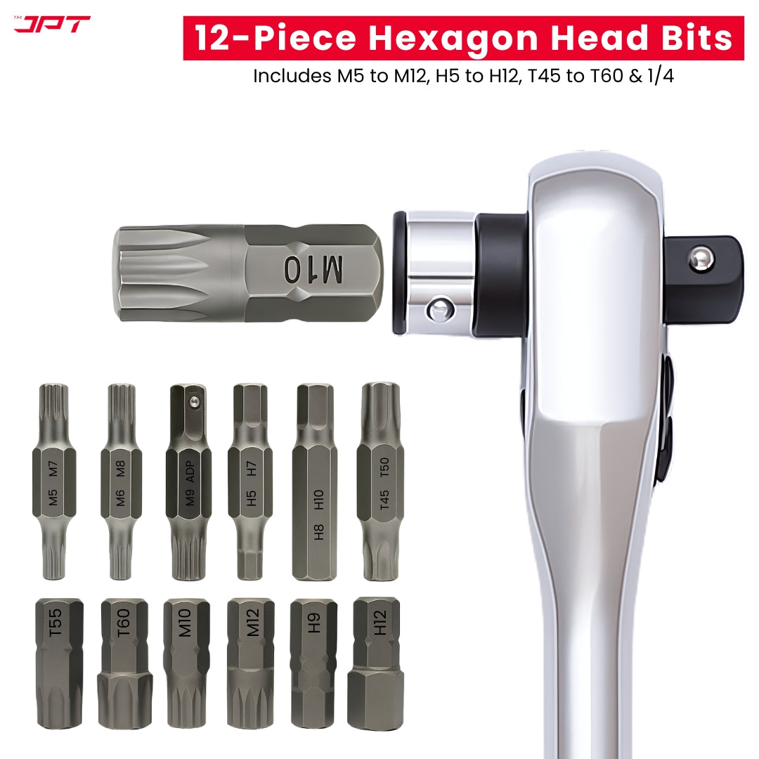 JPT 34-In-1 Multi-Functional Ratchet Handle Set | 12-Piece Hexagon Head Bits, 20-Piece Screwdriver Bits, One 43-Tooth Reversible Ratchet Handle |  Crome