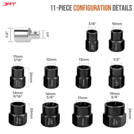 Buy now the JPT 10+1 piece impact nut & bolt extractor set with 3/8" drive hex adapter, to take out the most damaged, frozen, rusted, rounded-off bolt easily.