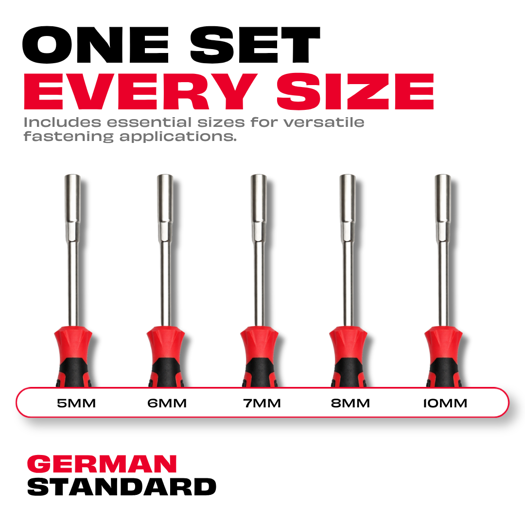 JPT Nut Driver Set 5 PCS Heavy Duty CR-V Hex Nut Driver Kit with Magnetic Tips & Hollow Shaft | 5–10mm Hand Nut Driver Set for Electrical, Automotive & Industrial Use