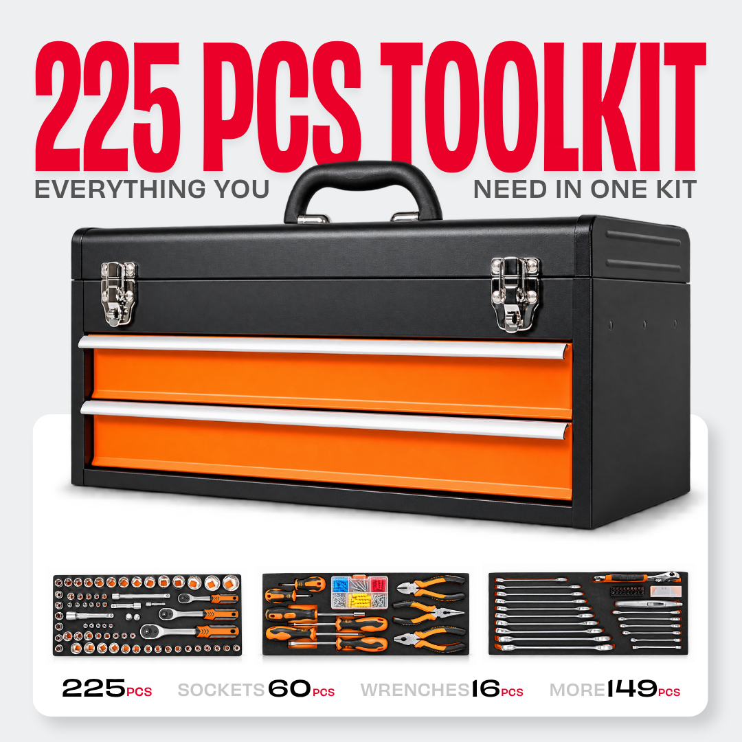 JPT 225 Pcs Tool Kit with Metal Tool Box, 2 Drawers, Socket & Spanner Set 60 Sockets 4-32mm • 3 Ratchets • 16 Spanners • 6 Screwdrivers • 3 Pliers • Metal Latches & Carry Handle