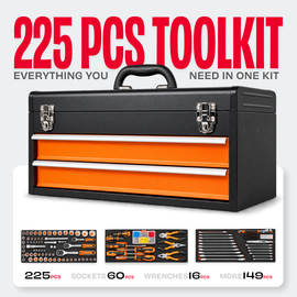 JPT 225 Pcs Tool Kit with Metal Tool Box, 2 Drawers, Socket & Spanner Set 60 Sockets 4-32mm • 3 Ratchets • 16 Spanners • 6 Screwdrivers • 3 Pliers • Metal Latches & Carry Handle