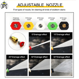 Buy now JPT pressure washer combo which inlcudes 10"/25cm extension rod, one quick connector, and 5pcs 1/4" universal pressure washer nozzle tips at best price.