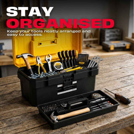 JPT 21 inch yellow tool box front view showing tight latch lock and durable plastic body