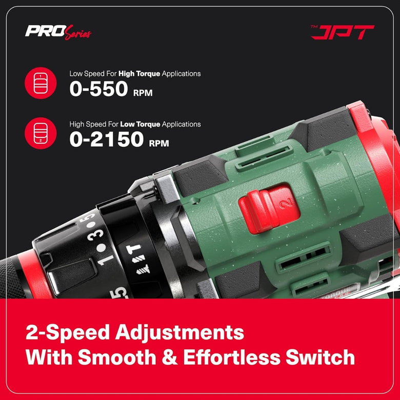 JPT Pro Series 18V Cordless Drill Machine | 70N.M Torque | 0-2150RPM Speed | 25+3 Gears | 2 Speed Modes | 3/8