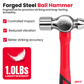 Buy JPT 1lbs forged steel ball peen hammer with shock-absorbing rubber grip. Ideal for metal shaping, riveting, workshop and fabrication work. Buy Now