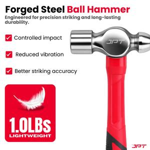 JPT 1.0lbs Forged Steel Ball Peen Hammer with Shock-Absorbing Rubber Grip – Heavy Duty Professional Engineer & Mechanic Hammer for Workshop, Metal Shaping, Riveting & Fabrication Work