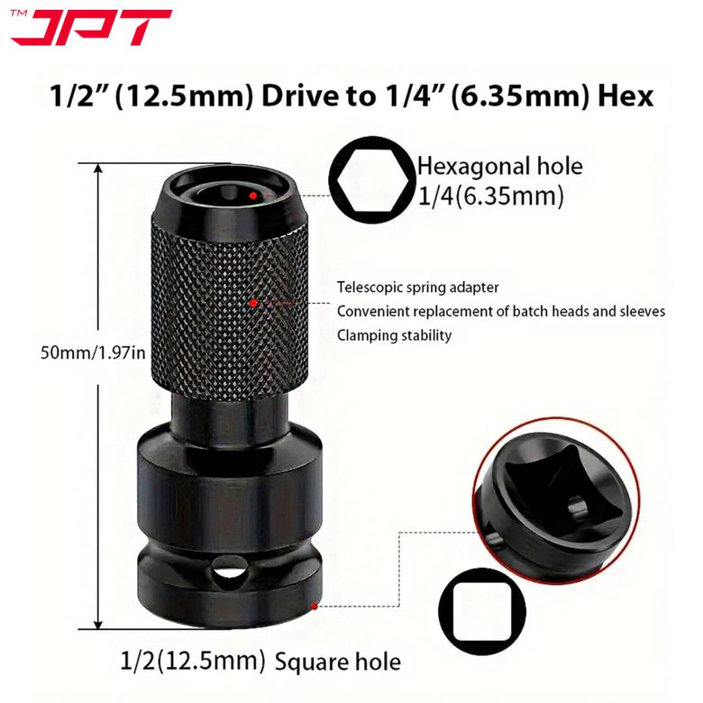 JPT 1/2-Inch Square Drive to 1/4-Inch Hex Socket Adapter | Impact wrench To Drill Machine Converter | Quick Release Chuck Converter for Impact Wrench