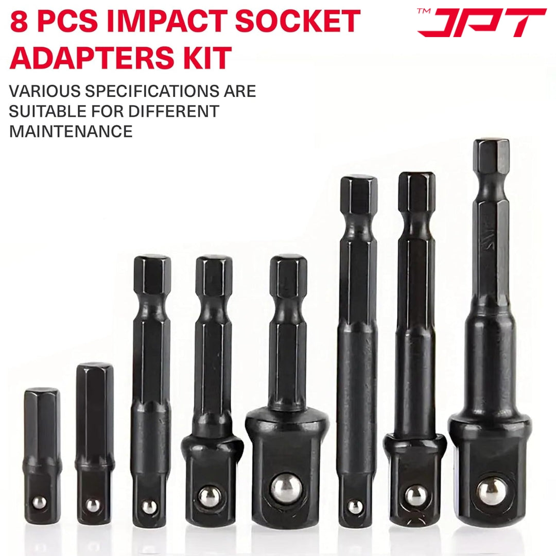 Buy now the JPT 8-piece impact socket adapter set, featuring 1/4" Hex Shank to 1/4", 3/8", 1/2" square drive, CR-V build, and much more all at the best price.