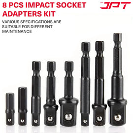 Buy now the JPT 8-piece impact socket adapter set, featuring 1/4" Hex Shank to 1/4", 3/8", 1/2" square drive, CR-V build, and much more all at the best price.