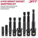 Buy now the JPT 8-piece impact socket adapter set, featuring 1/4" Hex Shank to 1/4", 3/8", 1/2" square drive, CR-V build, and much more all at the best price.