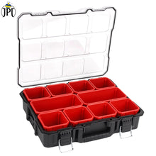 JPT Deep Tool Organizer Box with 10 Removable Bins, Heavy-Duty Storage Case with Transparent Lid for Tools, Hardware, Screws, Nuts, and Small items