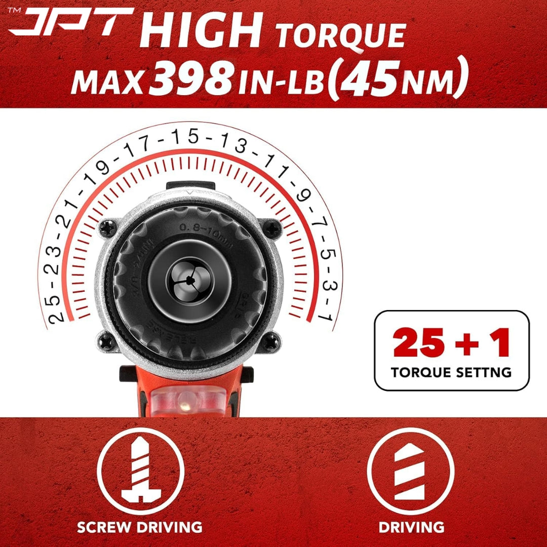 JPT Heavy-Duty 12V Pro Series Cordless Drill Machine | 45N.M. Torque | 1950 RPM Speed | 25+1 Torque Setting | 2 Speed Modes | 3/8