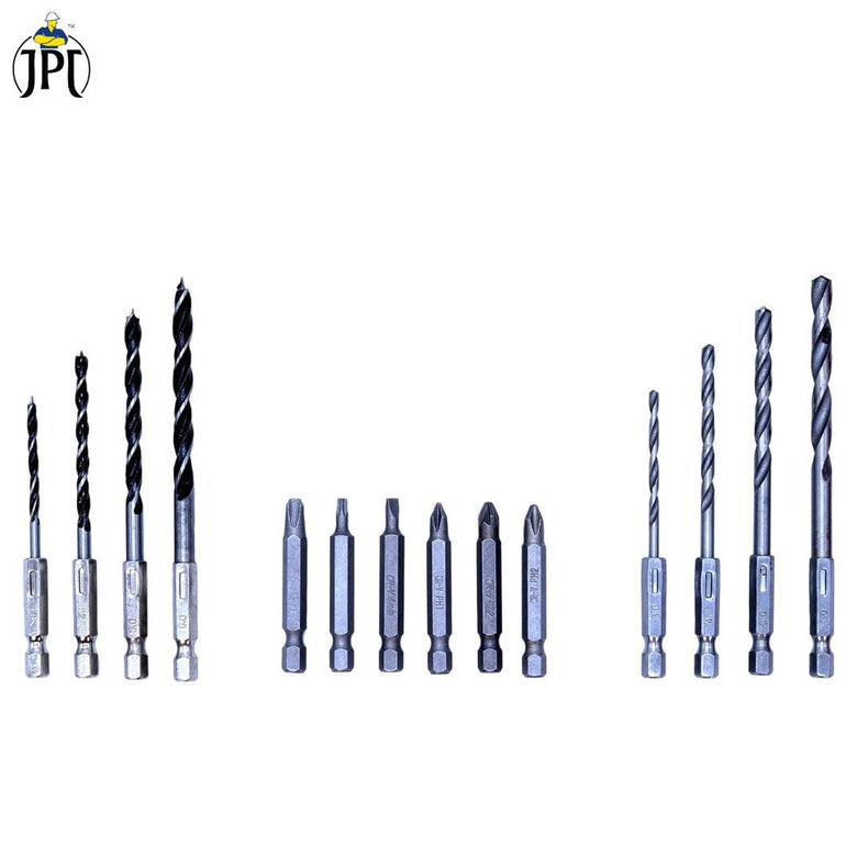 JPT 15-Piece Drill & Screwdriver Bits Combo | 8-Piece Drill Bits | 6-Piece Screw Driver Bits | 1 FLexible Drill Extenstion