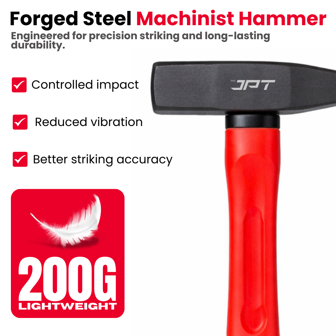 Buy JPT 200G forged steel machinist hammer with shock-proof ergonomic handle. Ideal for workshop, fabrication, chisel work and construction use. Buy Now