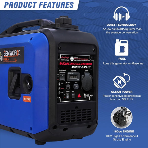 JPT GENWORX 4000W Inverter Generator, 3600W Rated, Portable Petrol Generator, Pure Sine Wave for Camping, RV, Outdoor, and Emergency Backup Power