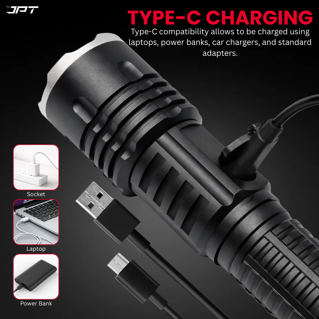 Buy JPT K16 super bright LED flashlight featuring rechargeable LED torch with 4800mAh battery, USB-C charging, zoom focus & 3 modes. Buy at best price today.
