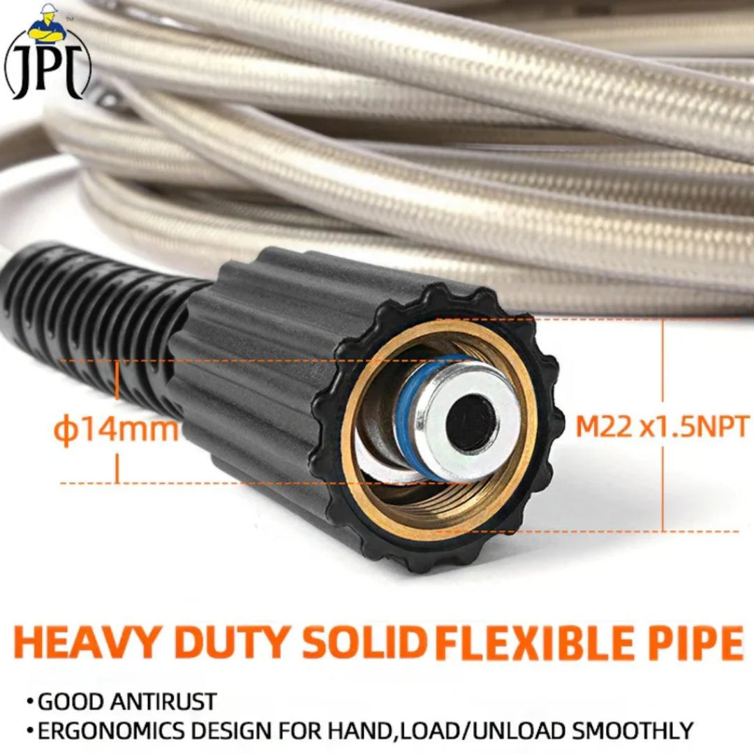 JPT Heavy Duty 8-Metre Super Flexible Pressure Washer Hose Pipe | American Standard M22 Thread With O-Ring Seals | Up To 2700 PSI Pressure | Compatible With Many Washer Brands | M22-15mm Thread Fitting Included