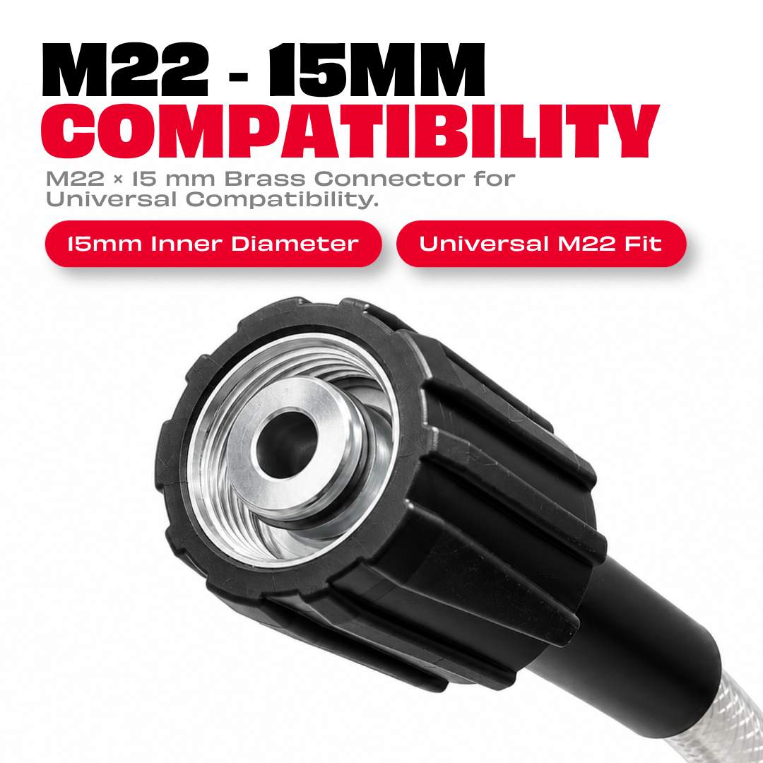 JPT 15MTR Heavy Duty Super Flexible Pressure Washer Hose Pipe | American Standard M22 Thread With O-Ring Seals | Up To 2465PSI Pressure | Max. 170 Bar Power