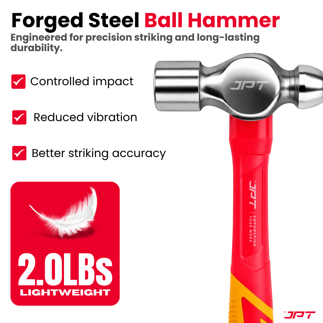 JPT 2.0lbs Forged Steel Ball Peen Hammer with Shock-Absorbing Rubber Grip – Heavy Duty Professional Engineer & Mechanic Hammer for Workshop, Metal Shaping, Riveting & Fabrication Work