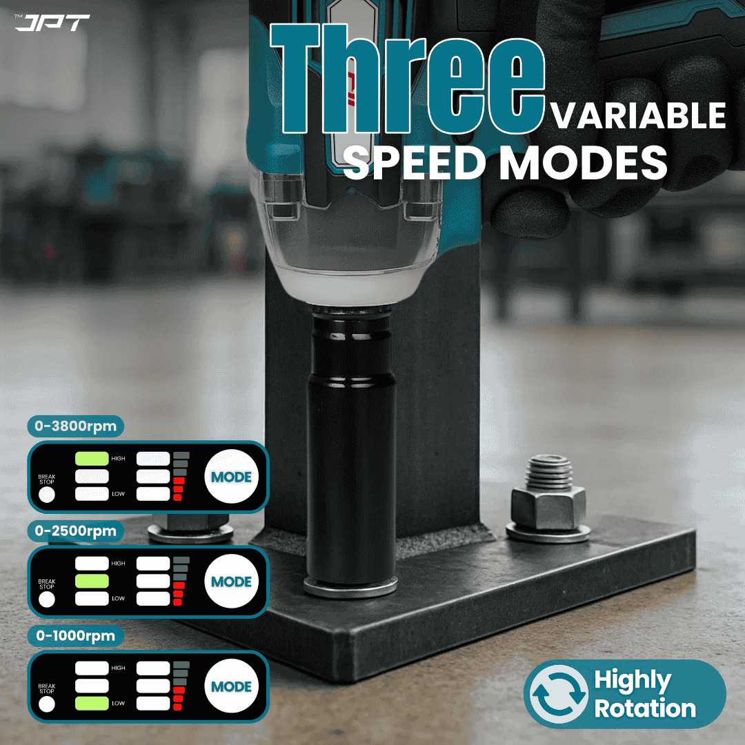 Buy JPT 21V cordless impact wrench with 400Nm torque, 3-speed control, 4000mAh battery, LED light, and 39-piece accessories kit for garage or workshop use.