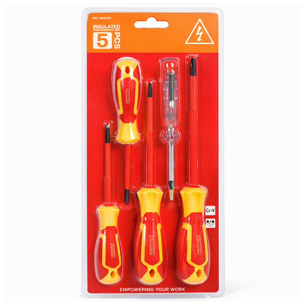 JPT Insulated Screwdriver Set 5 PCS – CR-V Electrician Screwdriver Set with Magnetic Tips & Voltage Tester 125-250V, Insulated Flat and Phillips Electrical Maintenance Screwdriver Set for Panel Work