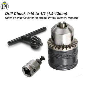 JPT Heavy Duty 13mm Drill Chuck with Key and 1/2-Inch Socket Square Female Adapter for Air Impact Wrench And Cordless Impact Wrench Converter Conversion Tool