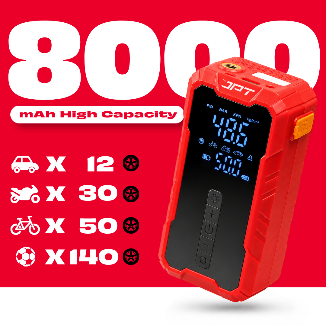 JPT Tools Portable Tyre Inflator & Car Jump Starter | 8000mAh Air Compressor for Cars, Bikes & Bicycles | Quick Inflation | Auto Shut Off | LED Light | Power Bank | EC5 Clamp & Valve Adapters Included