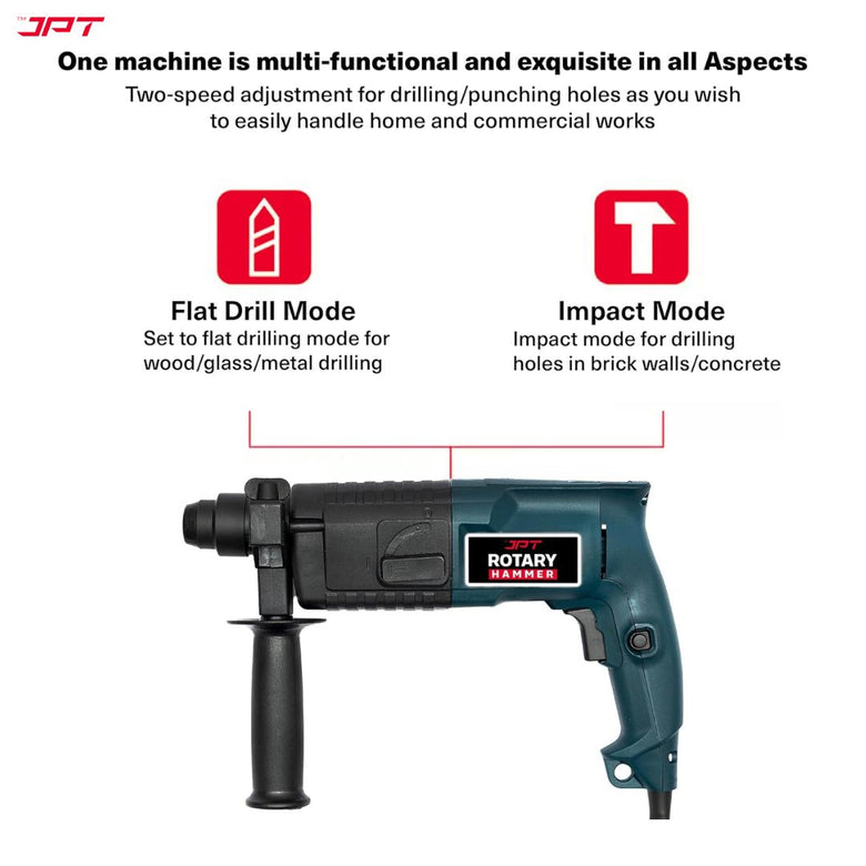 JPT 20MM SDS-Plus Rotary Hammer Drill Machine | 850W Motor | 1400RPM Speed | 2.4 Joules Impact | 4000 BPM Force | 2 Function Modes | Best for Home, DIY, Masonry, Steel, Wood & More