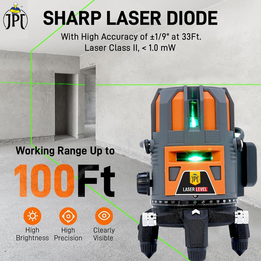 JPT 360° 4D Self-Leveling Laser Level with Mini Tripod – High-Precision Cross Line Tool for Construction, Renovation, and Floor Tiling with Two 1500mAh Batteries, Fast Charger and Durable Case
