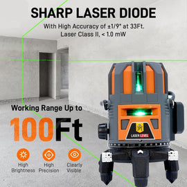 Buy now the JPT 360° 4D self-leveling laser level, featuring 5 green beams, ±3mm accuracy, mini tripod, 10m range, auto-balancing, and more. Buy Now