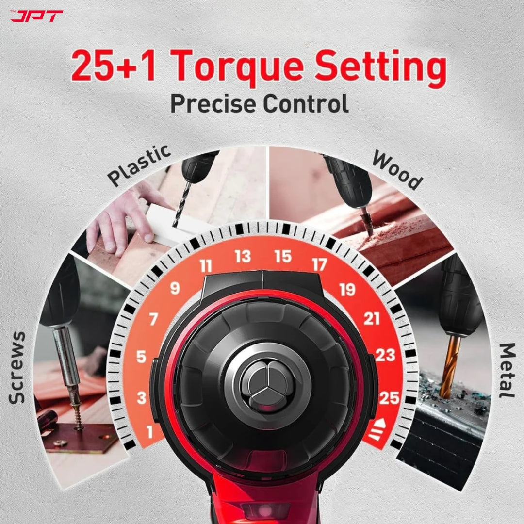 JPT Pro Series 21V Heavy-Duty Impact Cordless Drill Machine | Max. 40N.M Torque | Max. 0-1600RPM Speed | 10MM Keyless Chuck | 25+3 Gears Setting | 2000mAh Battery | One Year Warranty