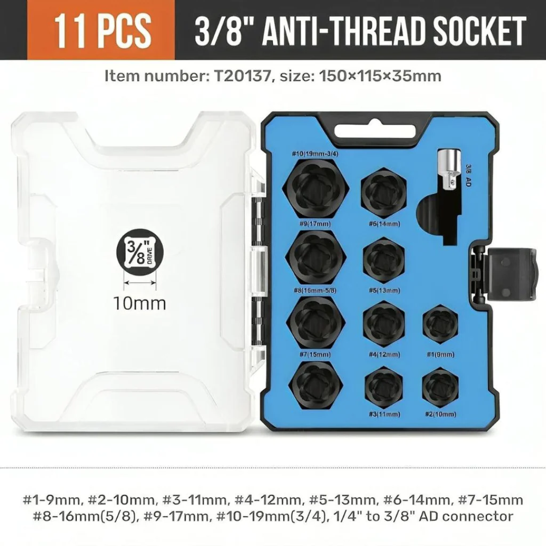 Buy now the JPT 10+1 piece impact nut & bolt extractor set with 3/8" drive hex adapter, to take out the most damaged, frozen, rusted, rounded-off bolt easily.