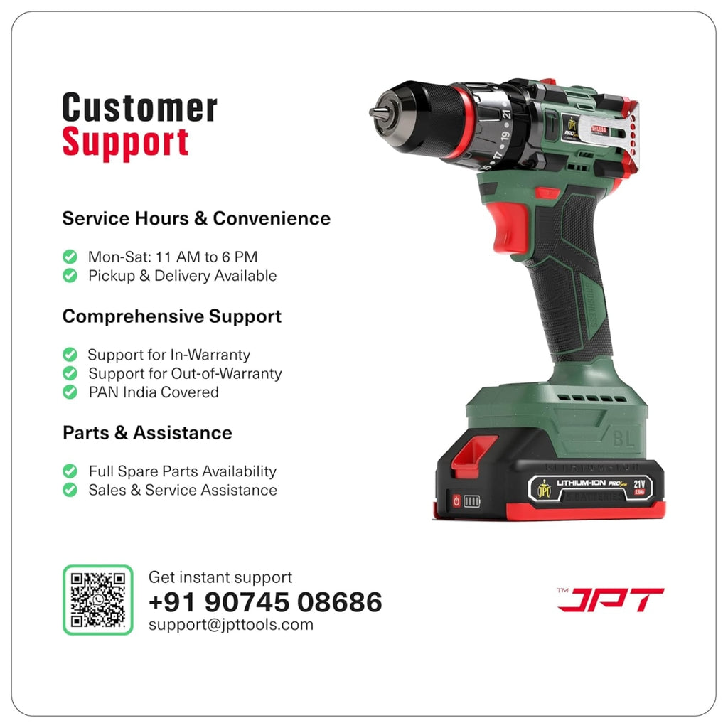 JPT Pro Series Brushless 21-volt Cordless Impact Drill Machine Without Battery & Charger | 65N.M Torque | 1700RPM Speed | 25+3 Gears | 2 Speed Modes | 3/8