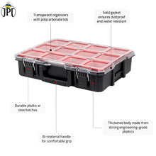 JPT Deep Tool Organizer Box with 10 Removable Bins, Heavy-Duty Storage Case with Transparent Lid for Tools, Hardware, Screws, Nuts, and Small items