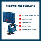 BOSCH GST 680 Corded Electric Jigsaw | 500W Motor | Stroke rate at No Load- 800-3100 spm | Cutting Depth 68mm | Lightweight & Portable | 1 Wood Blade & 1 Allen Key Included