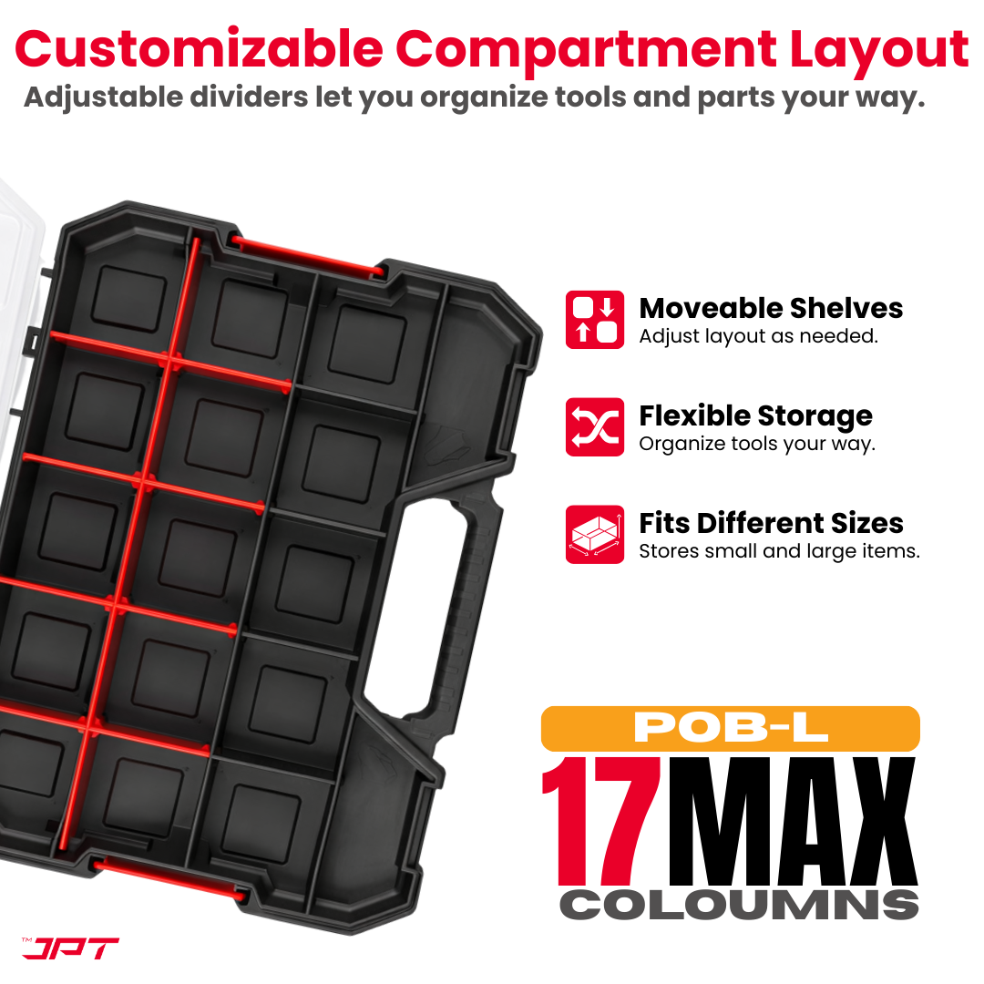 JPT Ultra Heavy Duty Tool Organizer Large | Stackable Interlocking Storage Box with 17 Compartments & 10 Removable Dividers | Portable Multi-Purpose Parts Organizer for Home & Professional Use