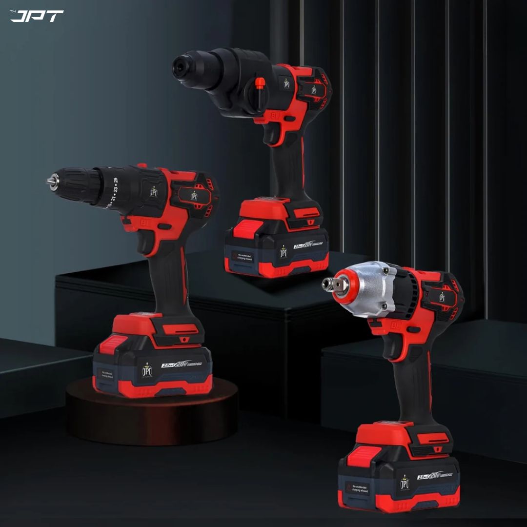 JPT Heavy Duty Brushless 3-In-1 Cordless Power Tool Set | 3-Speed Power Unit with Impact Wrench, Impact Drill, and Rotary Hammer Attachment